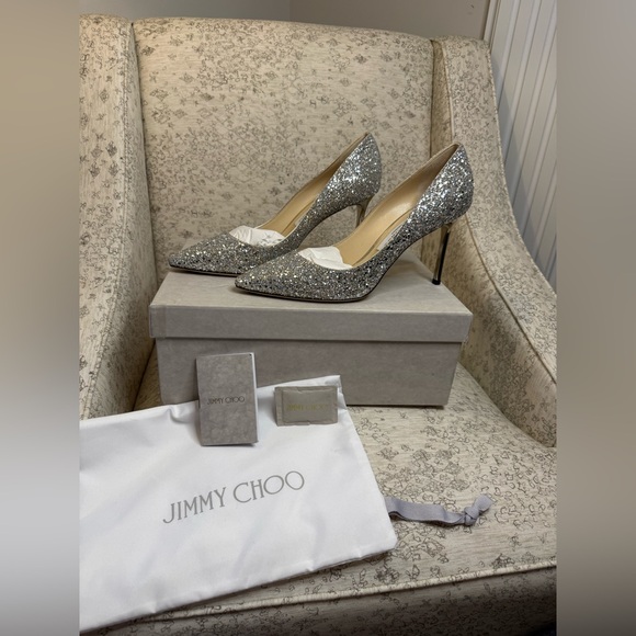 Jimmy Choo Shoes - Jimmy Choo Romy 85 Champagne Coarse Glitter Fabric Pointy Toe Pumps Size 39 (9)